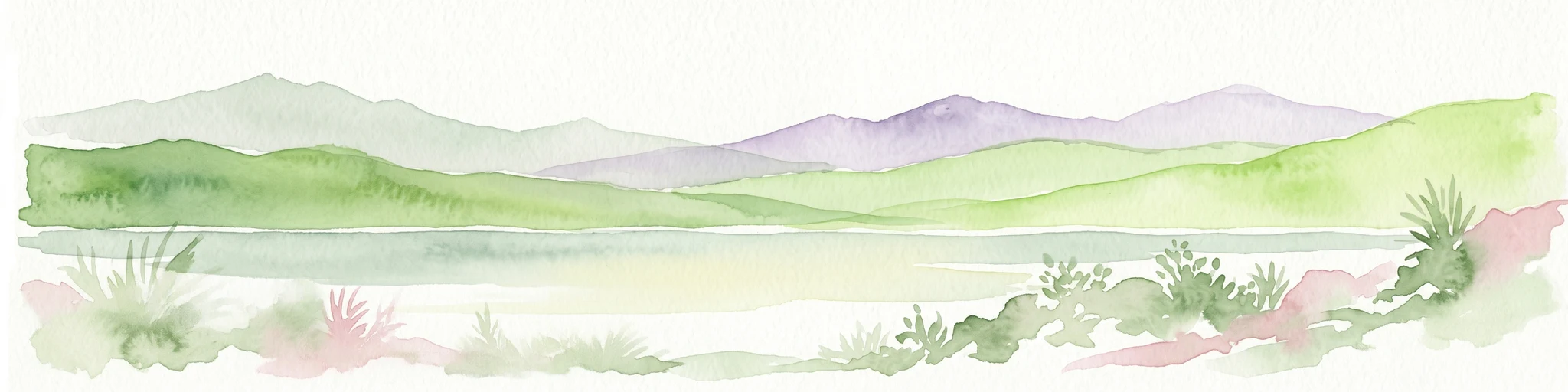 Pintura de acuarela que muestra colinas verdes, montañas moradas y una masa de agua tranquila con vegetación escasa