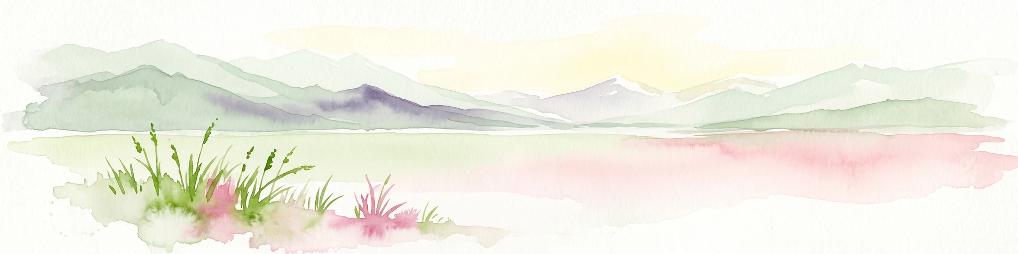 A soft watercolor illustration featuring marsh grasses in the foreground, calm water, and layered mountain ranges in the background under a pale sky.
