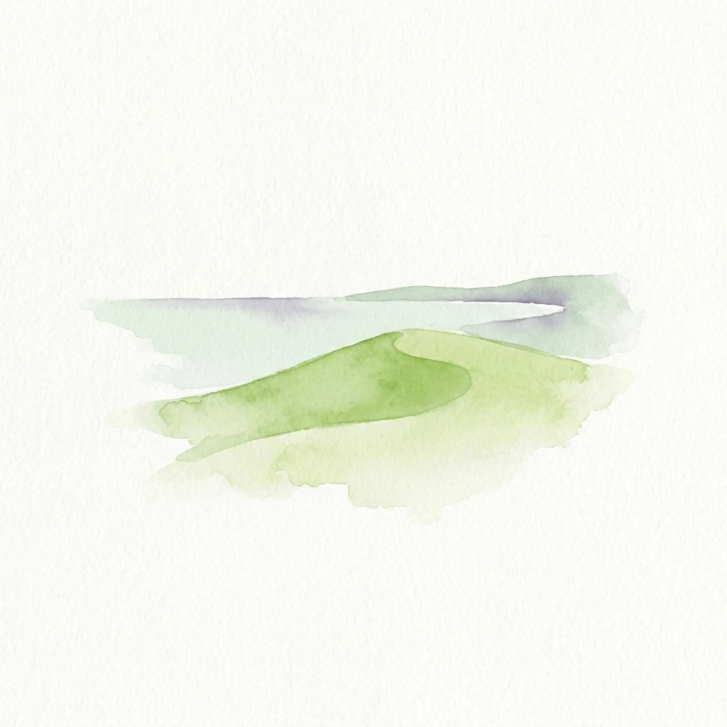 Watercolor illustration of green and blue abstract shapes suggesting hills and water