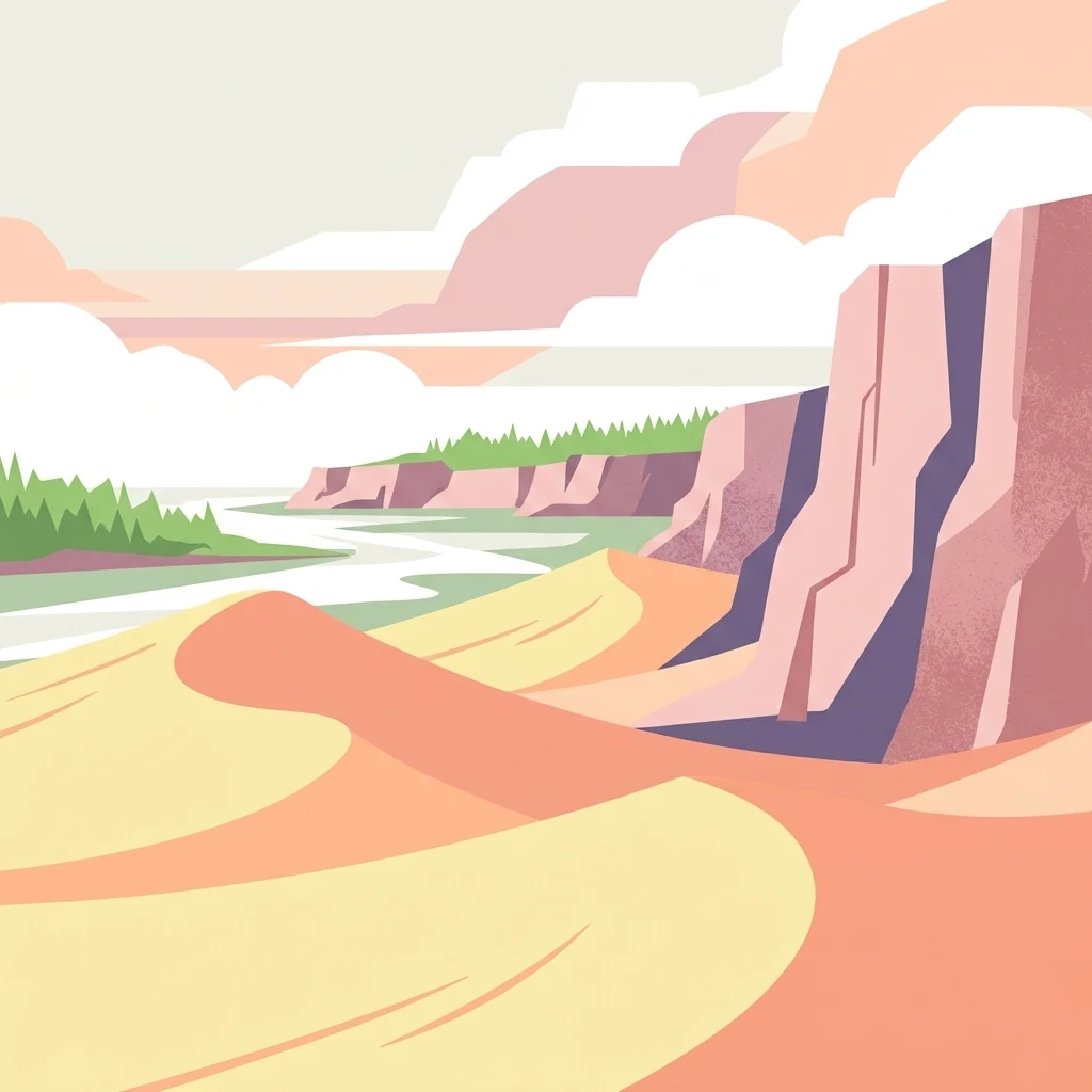 Illustration showing sand dunes, a river, cliffs, and green vegetation under a partly cloudy sky
