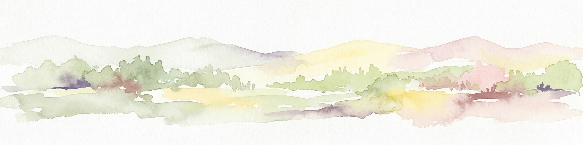 Pintura de acuarela de un paisaje montañoso con tonos verdes, morados y amarillos