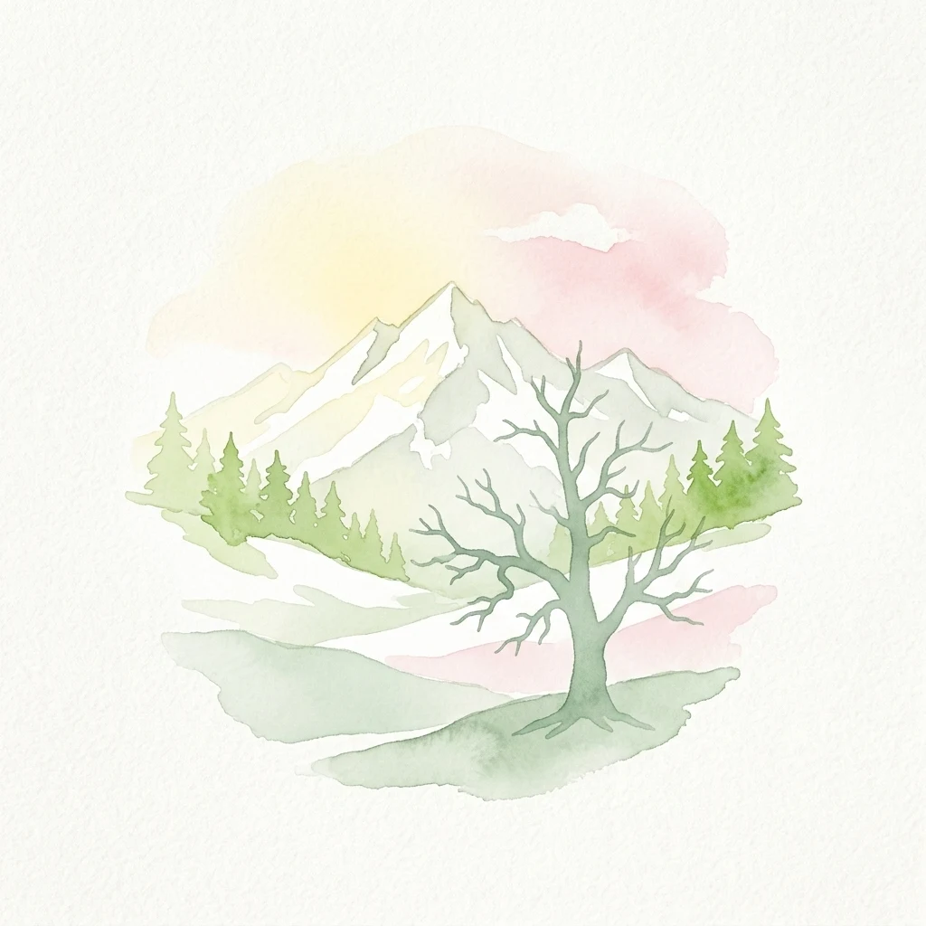 Pintura acuarela que muestra una escena de montaña con un árbol desnudo, colinas boscosas y picos nevados