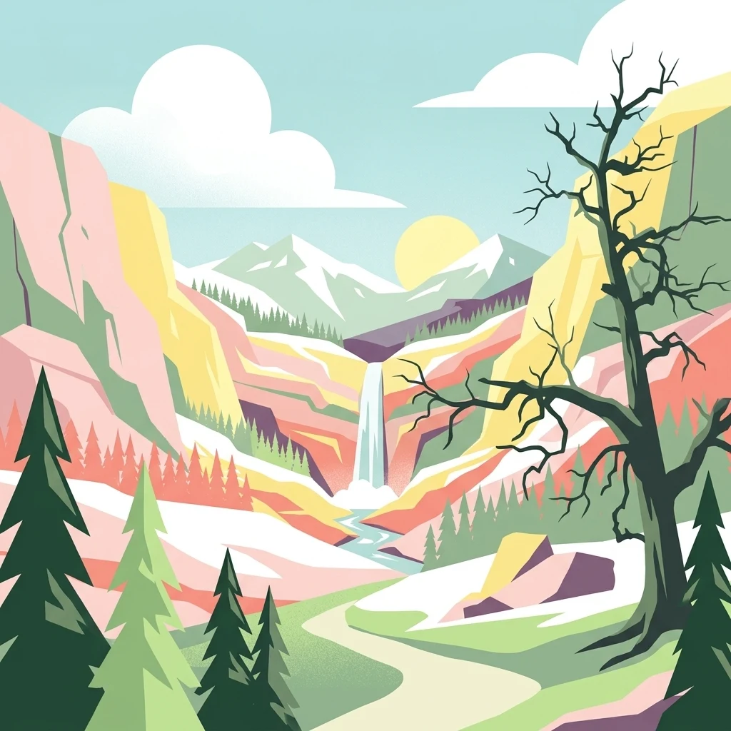 Illustration of a mountain landscape with a waterfall, pine trees, a winding path, and a bare tree under a sky with clouds and a sun