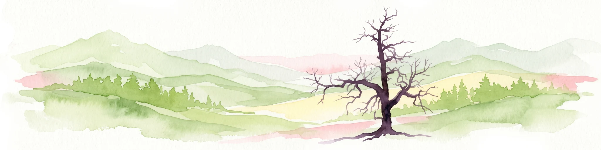 Ilustración en acuarela que muestra montañas, un árbol y un paisaje en tonos verdes y rosados
