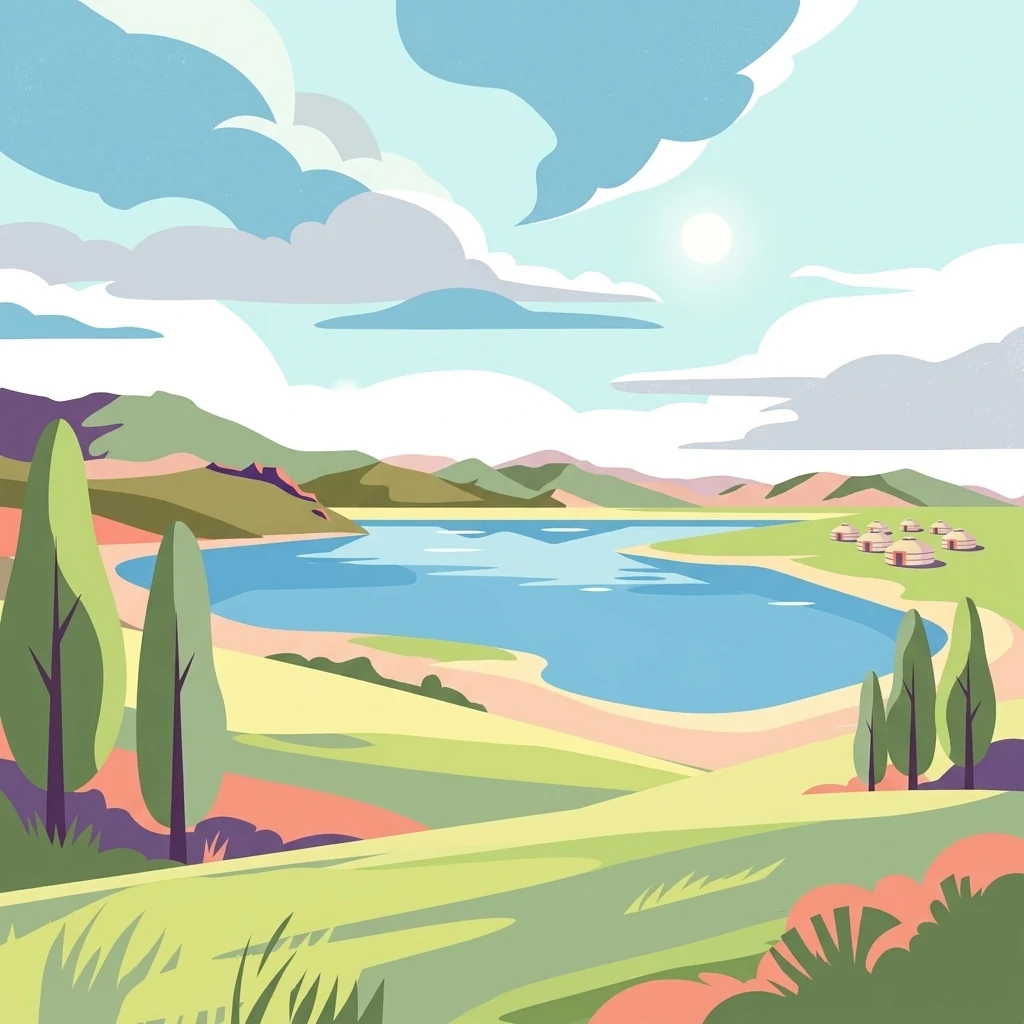 A colorful illustration showing a calm blue lake surrounded by grassy hills and trees, with a cluster of yurts visible on the shore under a bright sky with large clouds.