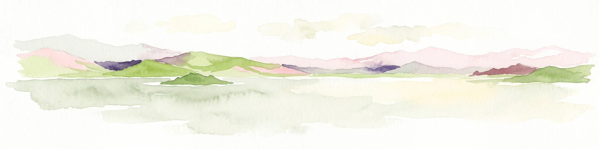 A minimalist watercolor painting showing a soft, hazy landscape of green rolling hills and distant mountains bordering a light-colored lake.