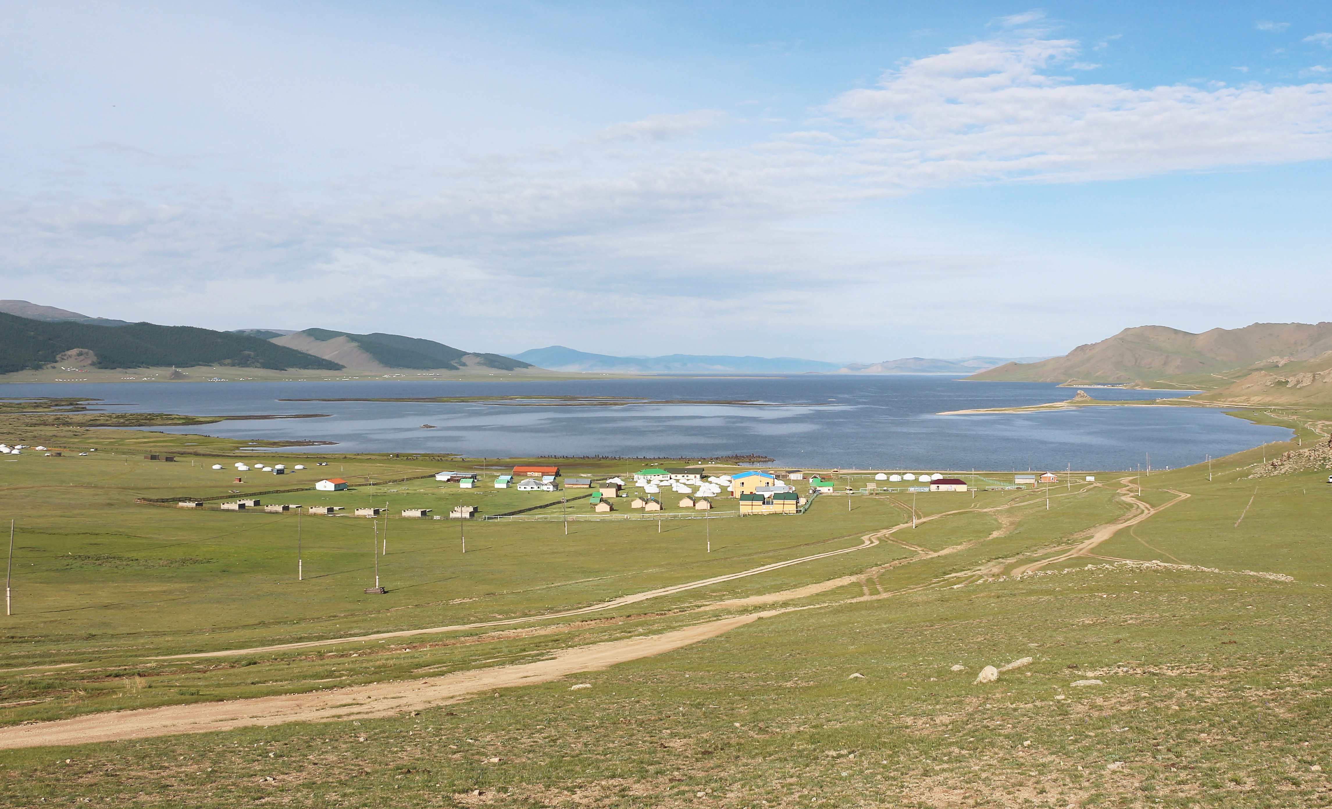 A wide angle landscape shot of a large lake in Mongolia, with rolling green hills, a dirt road winding through the foreground, and a small cluster of buildings and yurts by the shore.