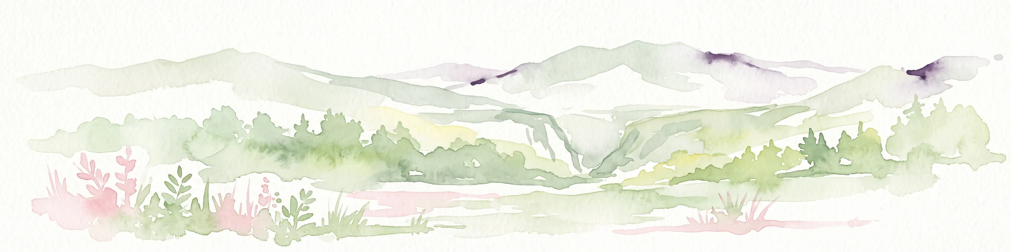A horizontal watercolor painting depicting rolling green hills, distant mountains, and sparse vegetation.