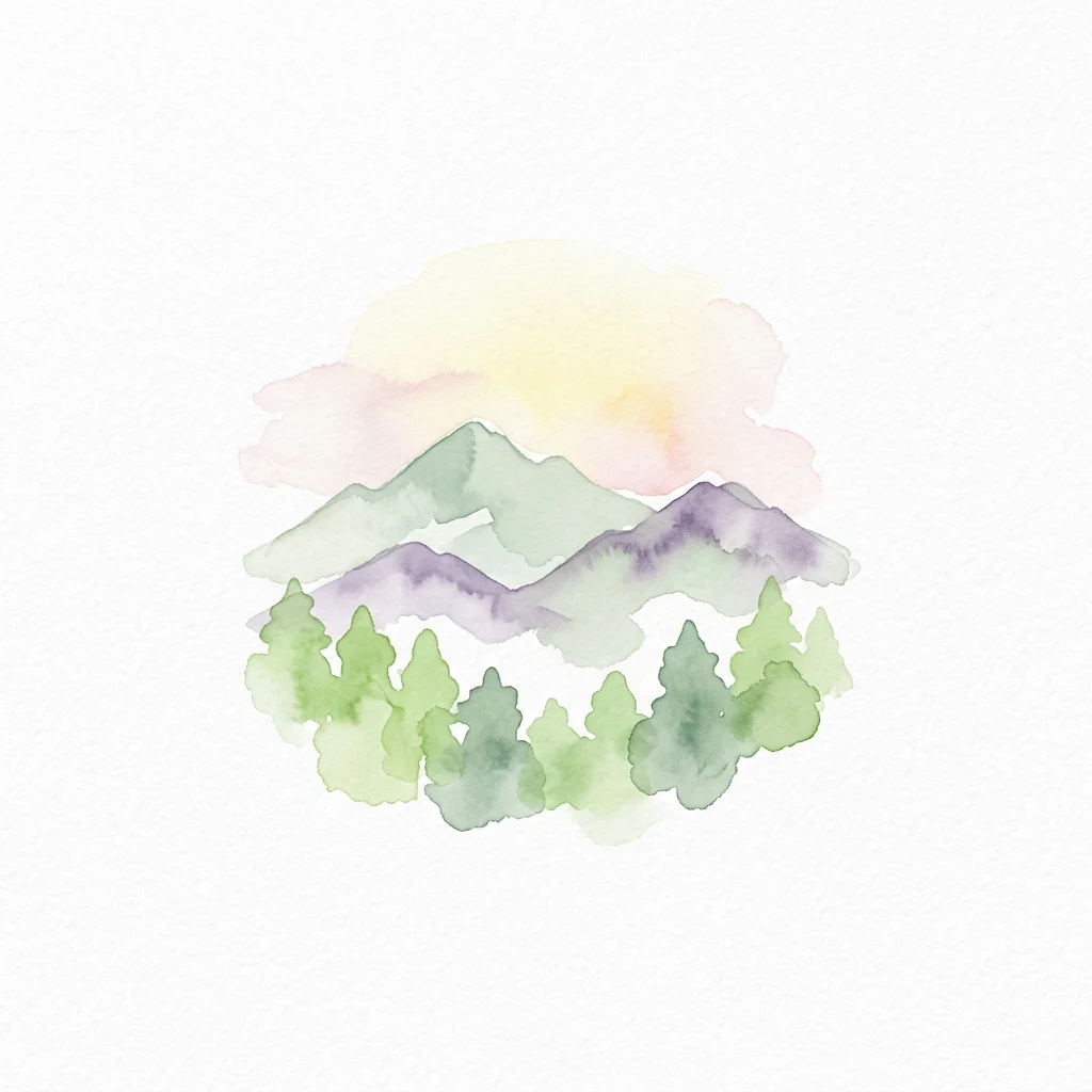 Ilustración acuarela de montañas verdes y moradas con árboles bajo un cielo claro