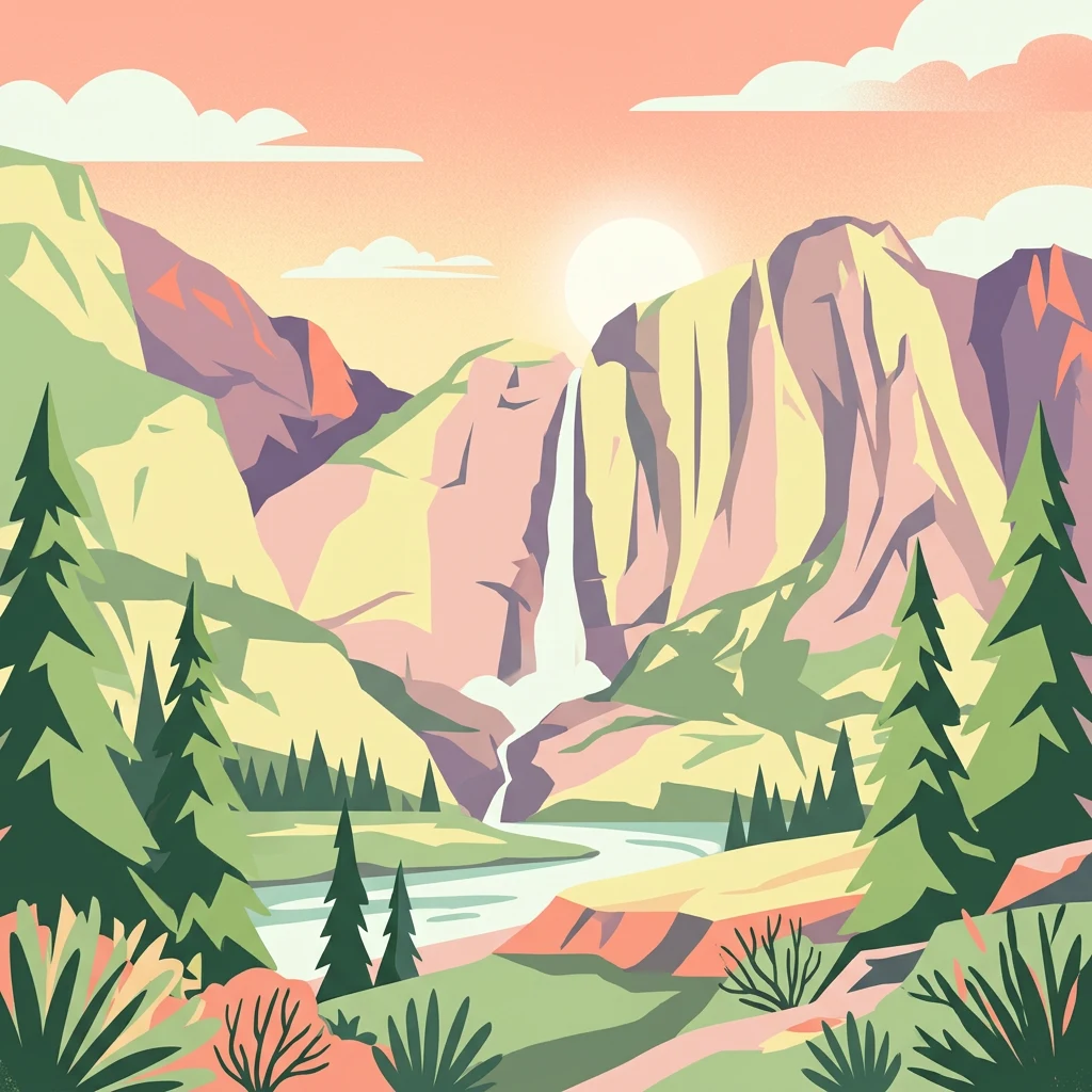 Ilustración de un paisaje montañoso con una cascada, un río, pinos y un cielo al atardecer