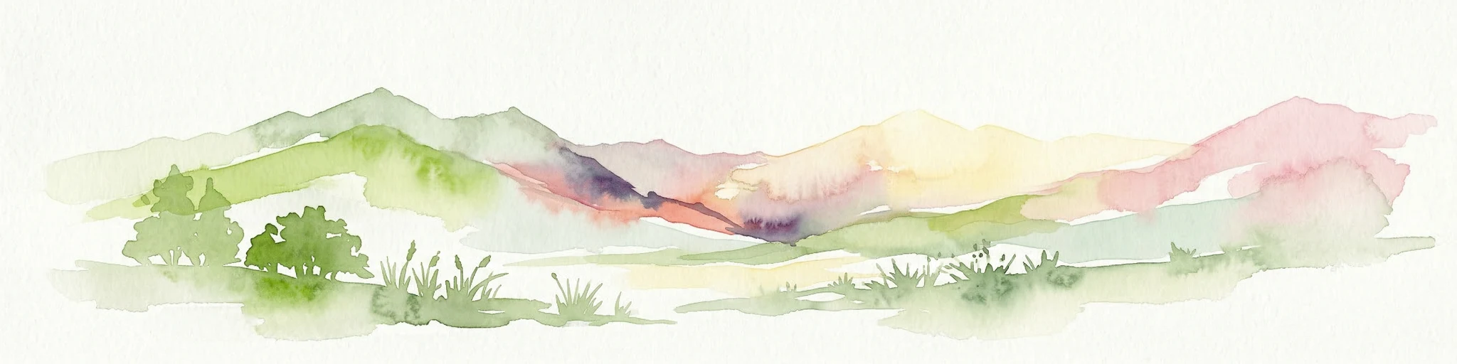 Ilustración en acuarela de un paisaje montañoso con colinas verdes, árboles y un valle fluvial