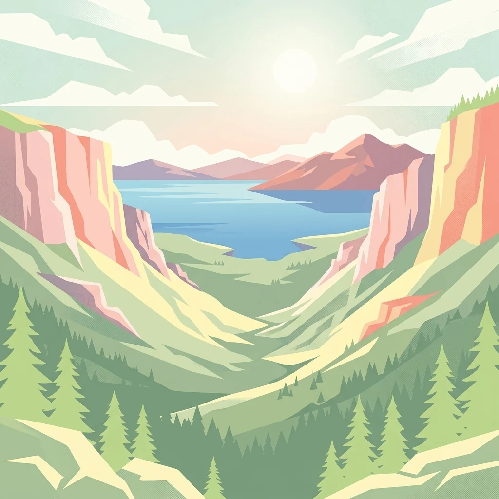 Una ilustración digital de estilo plano que representa un lago de montaña tranquilo enclavado entre altos acantilados rocosos y bosques de pinos bajo un sol suave.