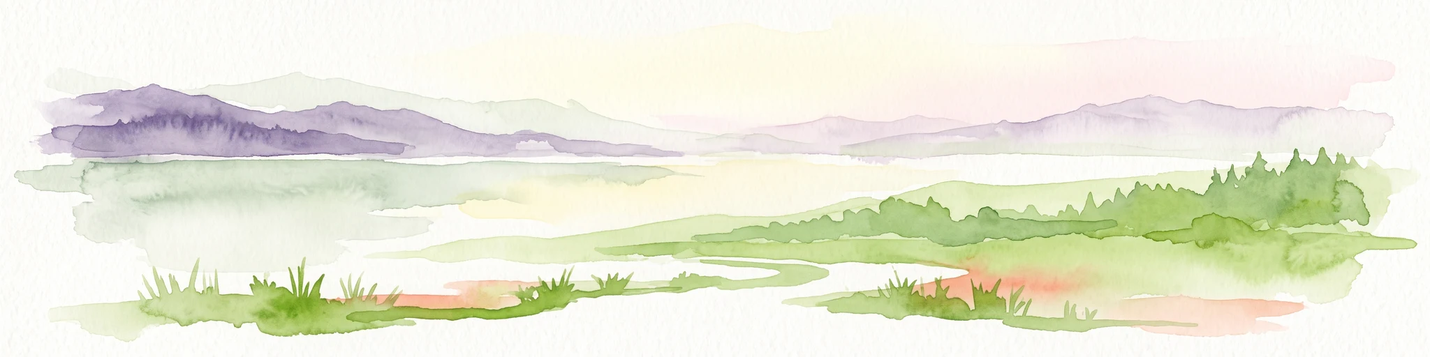 A horizontal watercolor painting showing a soft landscape with distant purple mountains, a calm lake in the midground, and green grassy shores in the foreground.