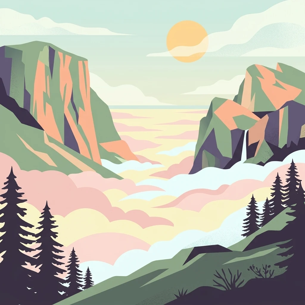 Illustration showing steep mountain cliffs, a valley filled with clouds, and a waterfall, with pine trees in the foreground and a sun in the sky.