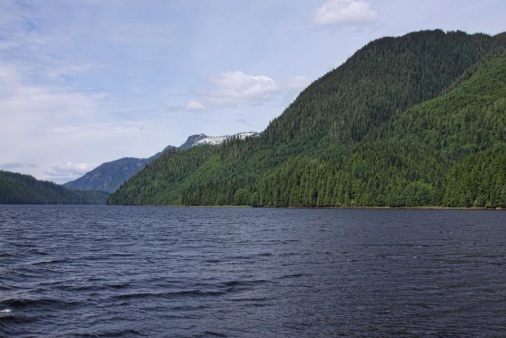A wide view of a calm inlet with dark water, flanked by steep, forested mountains under a blue sky with light clouds.