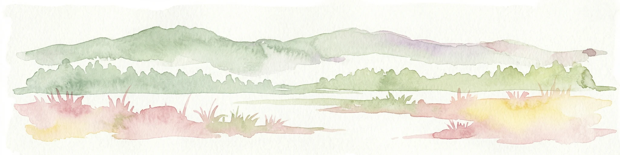 Ilustración en acuarela de colinas verdes, una masa de agua y vegetación rosa y amarilla