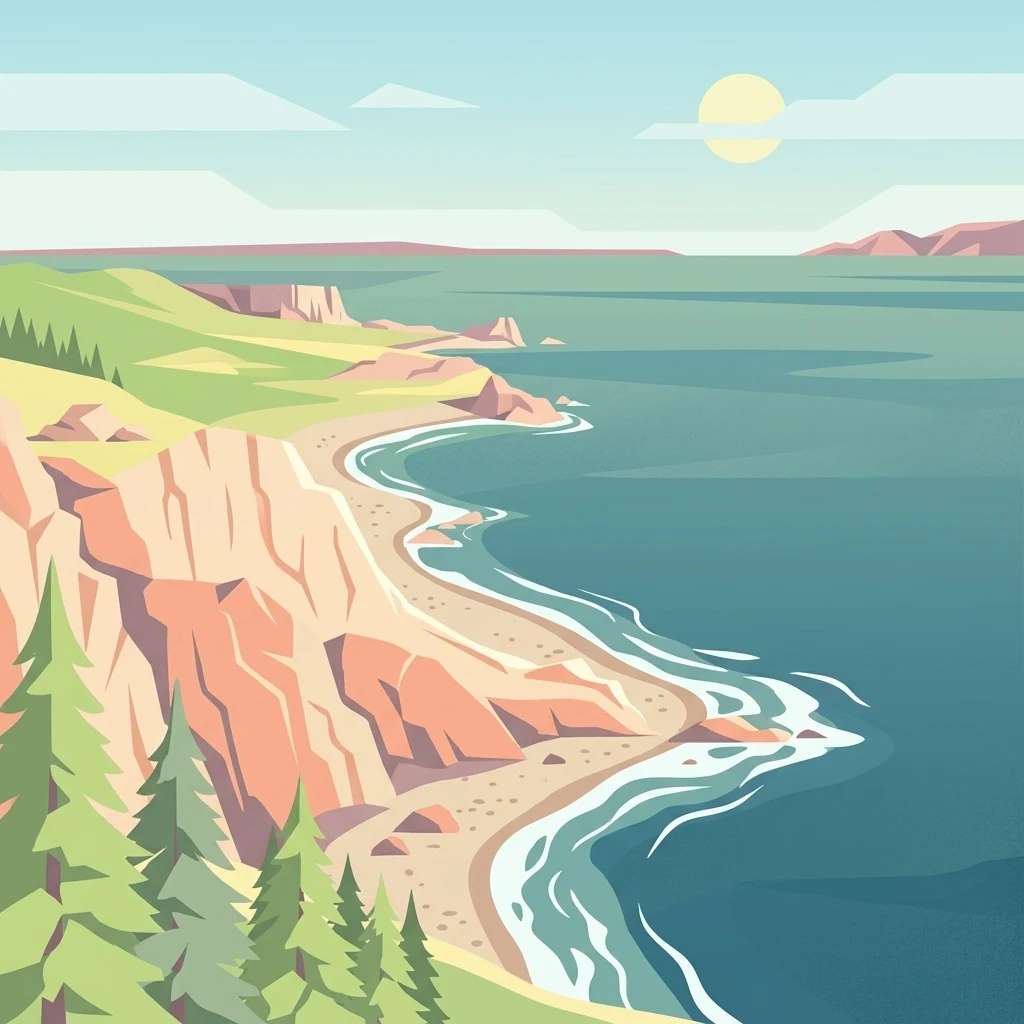 A digital illustration of a calm, blue lake meeting a sandy beach backed by reddish rock cliffs, with evergreen trees in the foreground and a pale yellow sun in the sky.