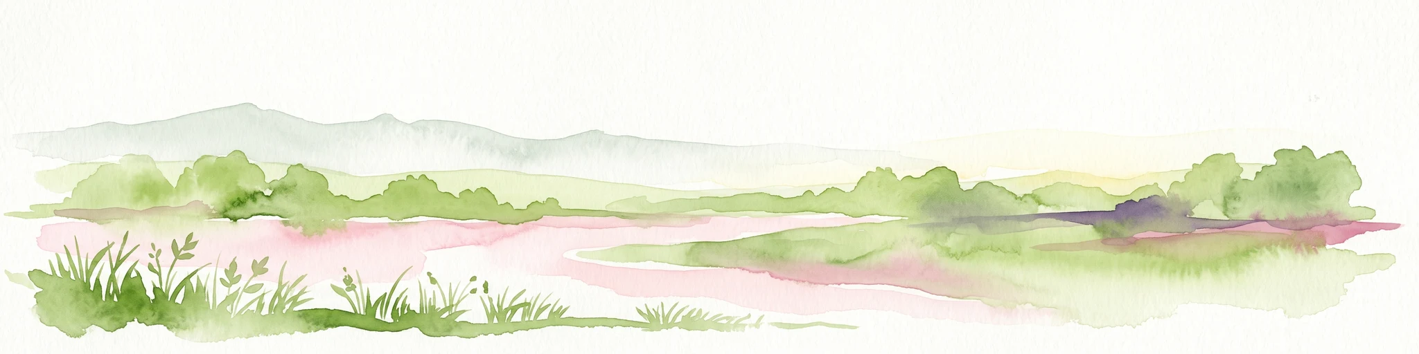 A watercolor painting of a serene lakeshore with soft green grass in the foreground, a still lake reflecting soft pink and beige tones, and light green hills in the distance.