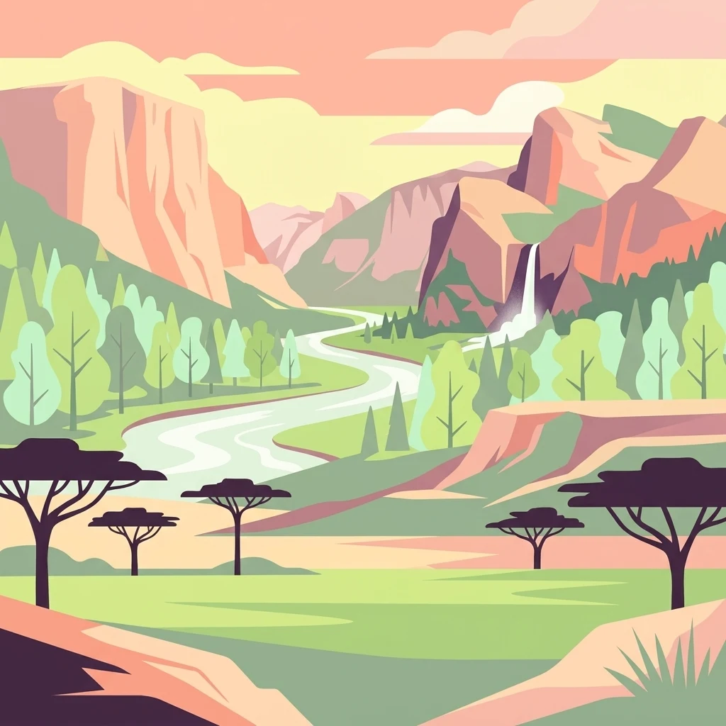Illustrated landscape with winding river, mountains, acacia trees, and green savannah