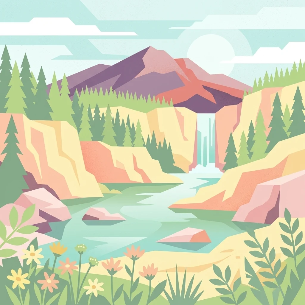 Stylized vector art of a landscape featuring a waterfall flowing into a river between rocky cliffs, with coniferous trees, wildflowers in the foreground, and a mountain in the background under a pale sun.