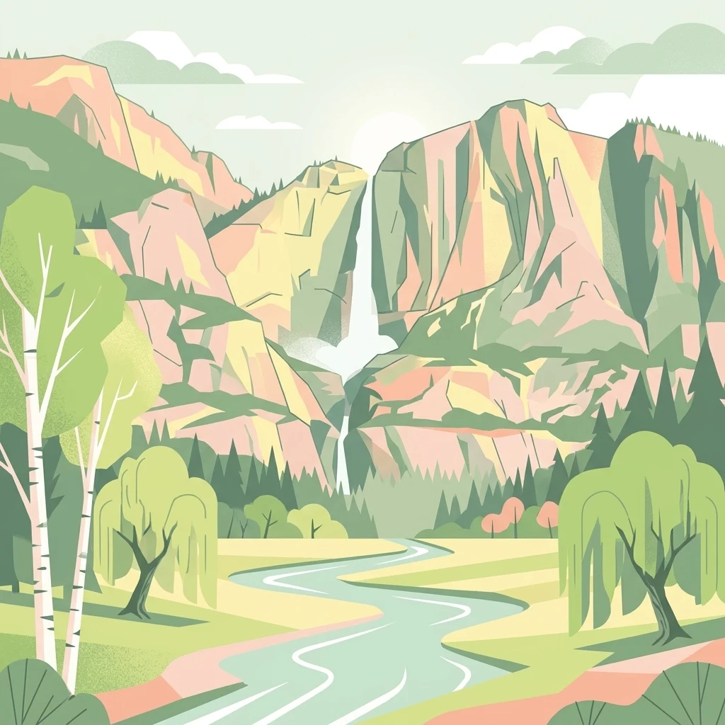 A stylized vector illustration showing a mountain valley with a tall waterfall cascading down pink and yellow cliffs into a winding river, surrounded by green trees and meadows.