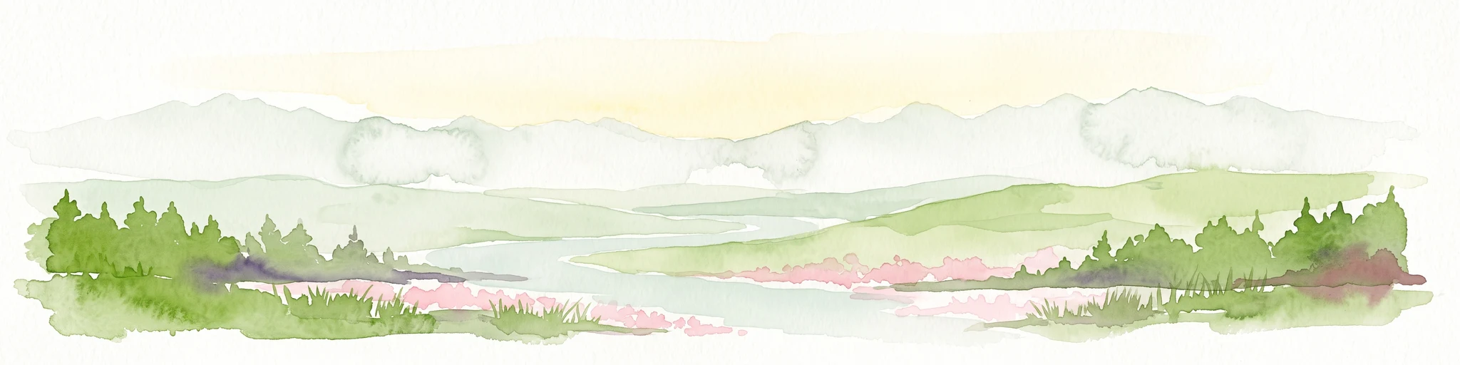 A watercolor painting showing a soft, peaceful landscape with green rolling hills, a small body of water in the foreground, and faint, distant mountains under a pale sky.
