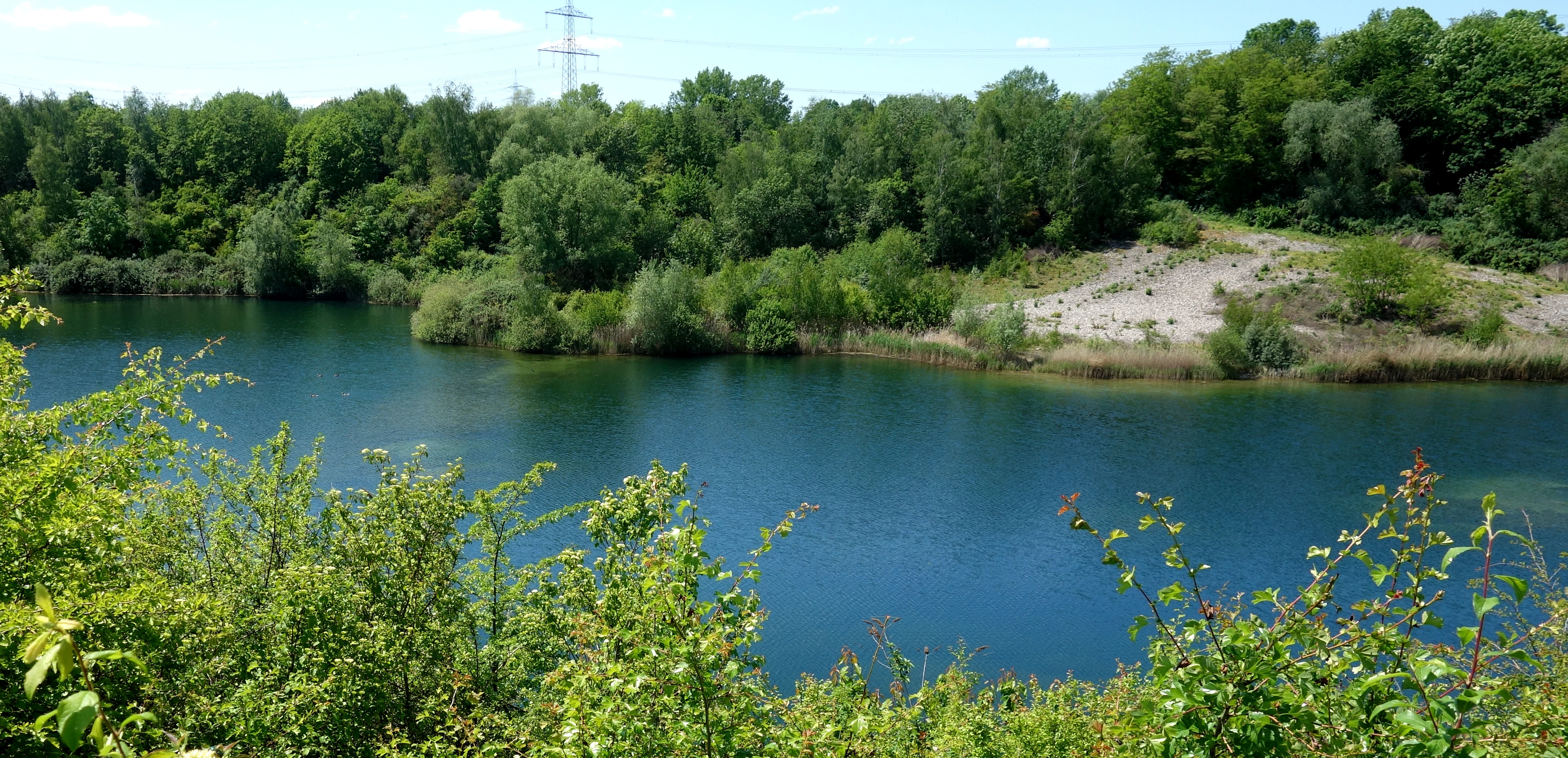 A wide view of a deep blue quarry pond surrounded by green trees, bushes, and an exposed gravel bank under a clear sky.