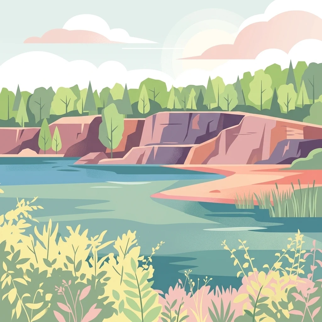 A flat-style digital illustration of a quarry pond with rocky cliffs, surrounding forest, and foreground vegetation.