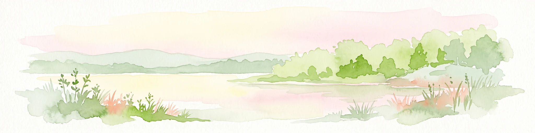 A soft watercolor illustration of a serene pond surrounded by gentle green hills and lush shoreline vegetation in a light, pastel color palette.