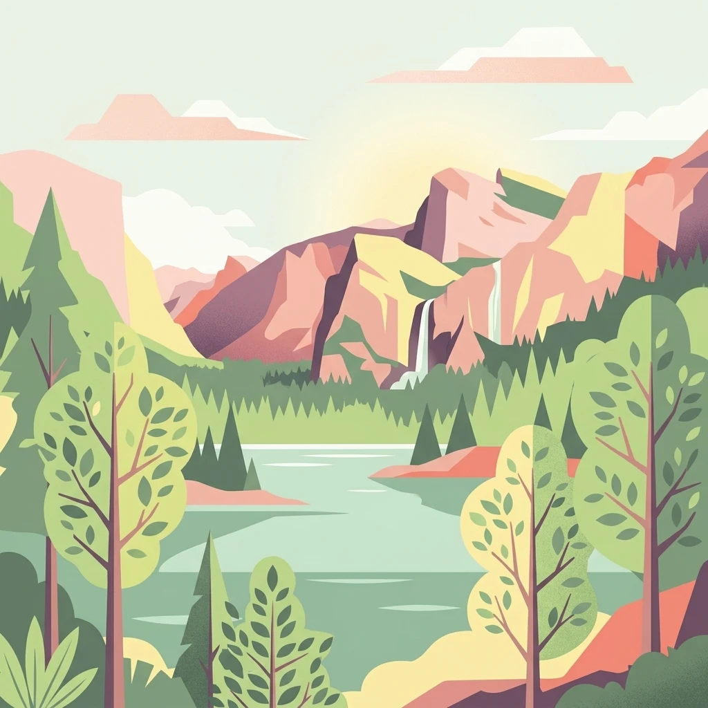 A minimalist flat illustration depicting a serene mountain lake at sunrise, surrounded by coniferous and deciduous trees, with distant craggy mountains and twin waterfalls cascading down the slopes.