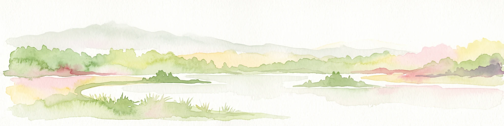 A soft, pale watercolor illustration of a lake with small islands and a low, distant treeline.
