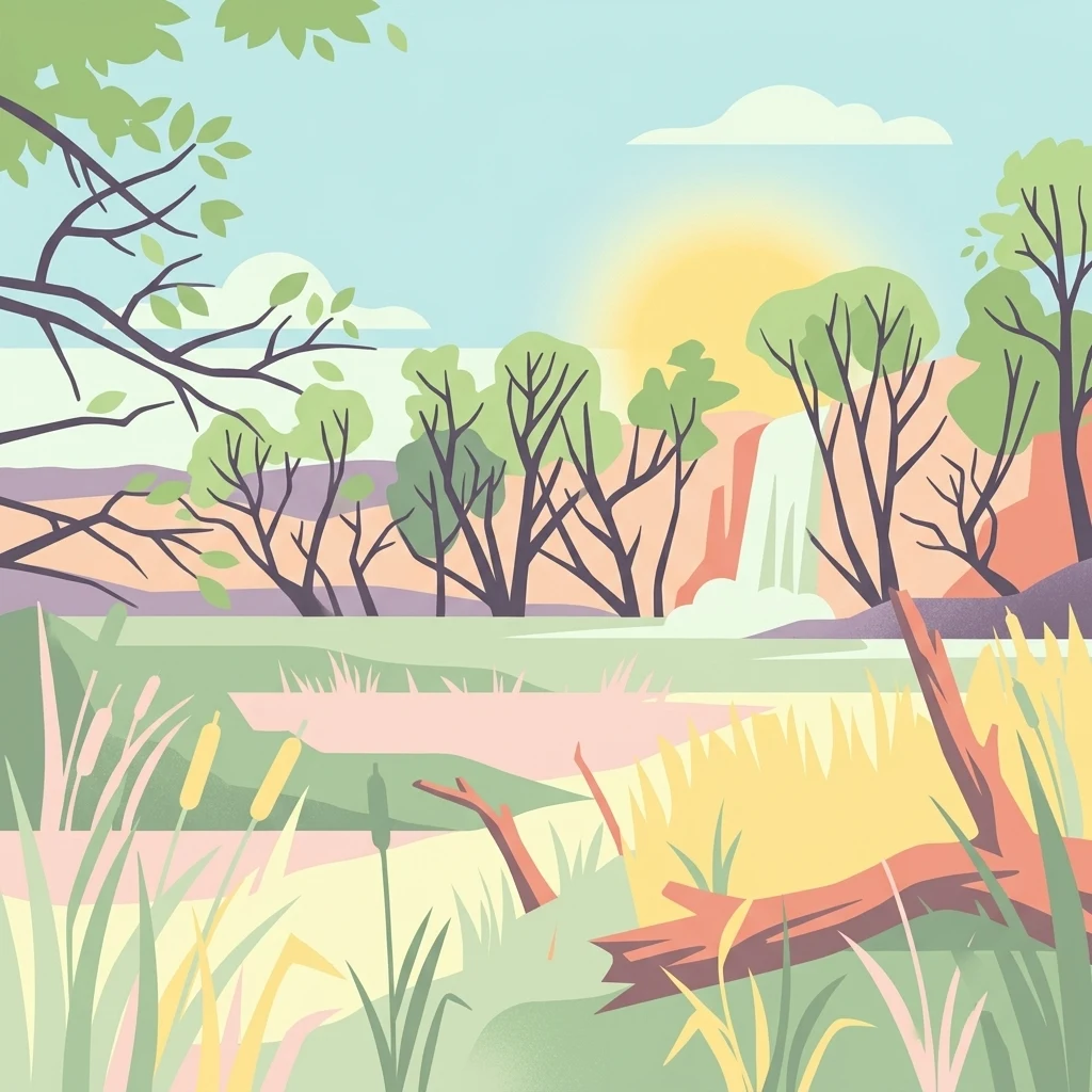 A flat vector illustration of a marshy park scene at sunset featuring tall grasses, scattered trees, a waterfall, and a fallen log in the foreground.