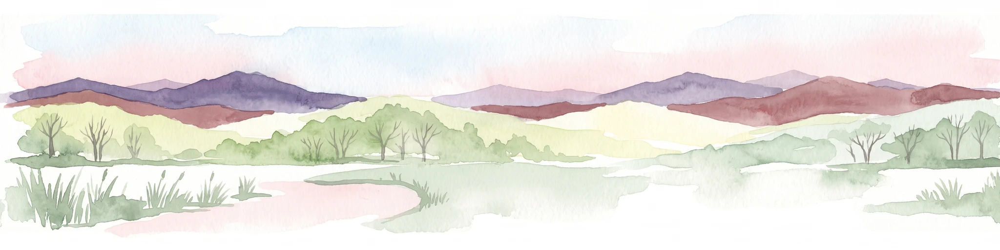 A horizontal watercolor painting depicting a calm lake with marshy grass in the foreground and rolling mountains in the distance under a soft, pale sky.