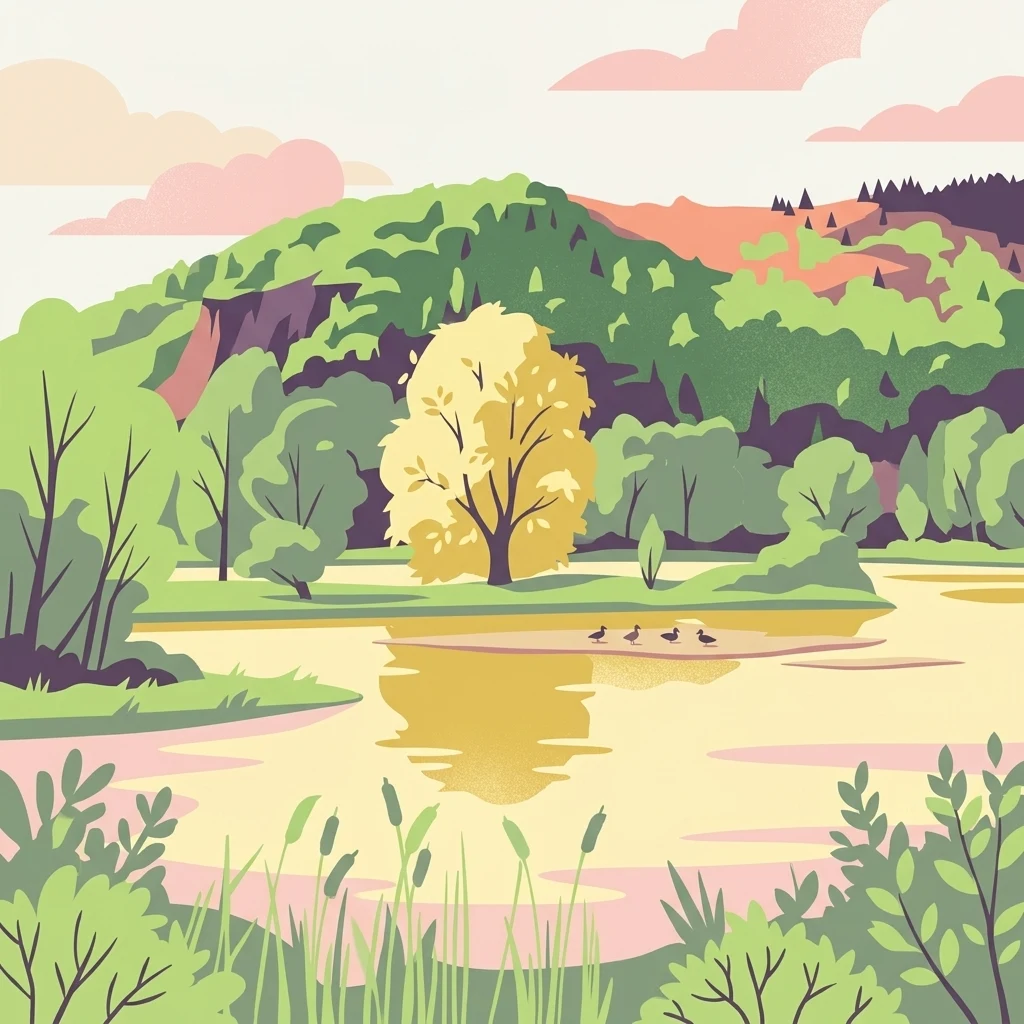 A digital illustration of a calm pond with a small sandbar, several small birds, and dense green forest in the background under a soft sunset sky.
