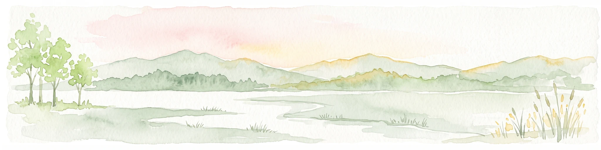 A horizontal watercolor painting showing a calm pond with distant hills, trees on the left, and reeds on the right under a soft, sunset-colored sky.