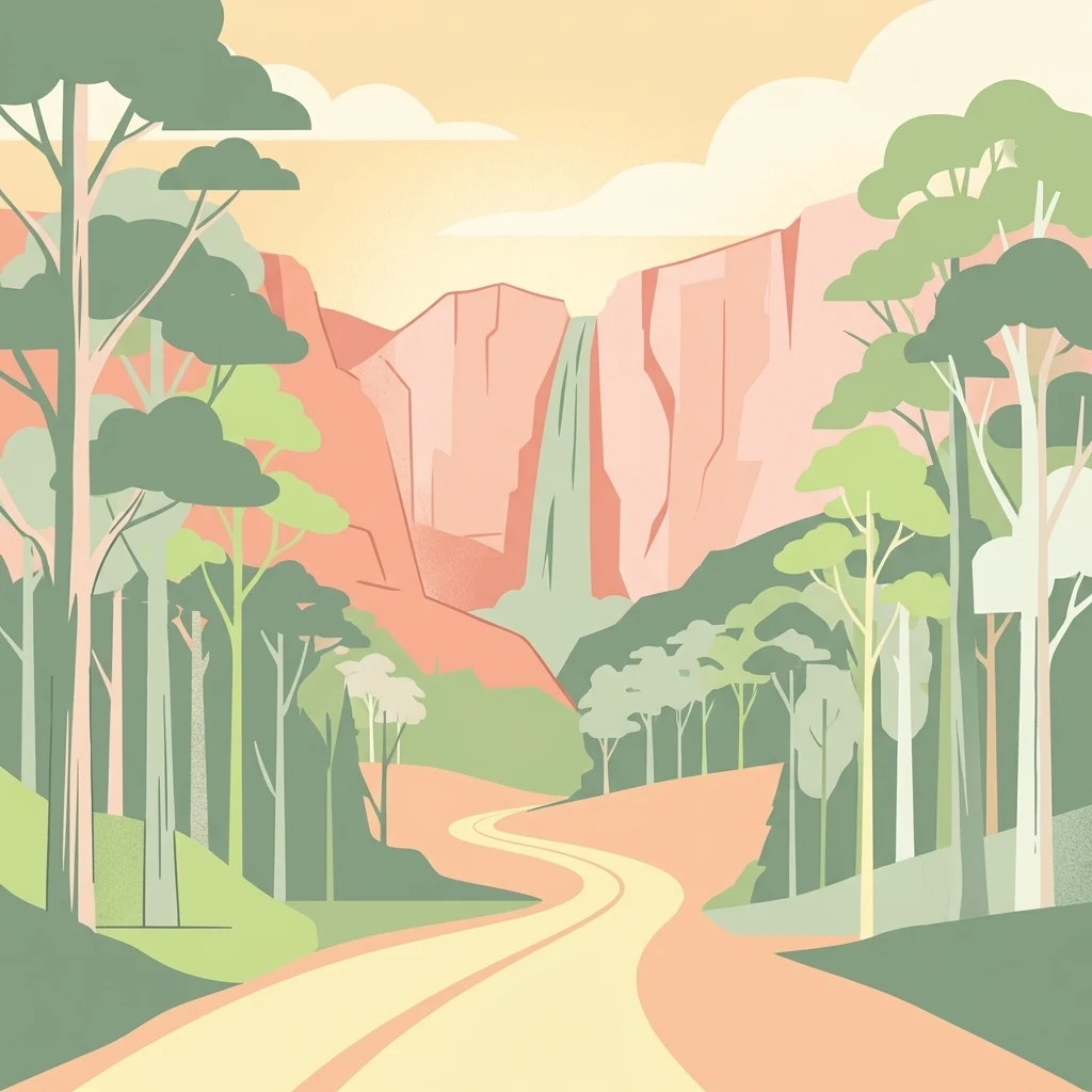 Una representación ilustrativa de un sendero serpenteante que conduce hacia una cascada flanqueada por árboles altos y montañas bajo un cielo cálido.