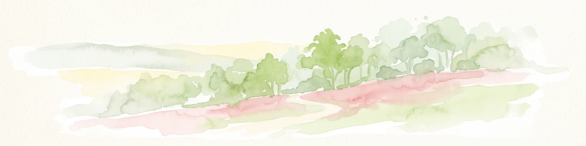Una suave ilustración en acuarela de un paisaje ondulado con árboles verdes, un sendero de tierra y un fondo luminoso.