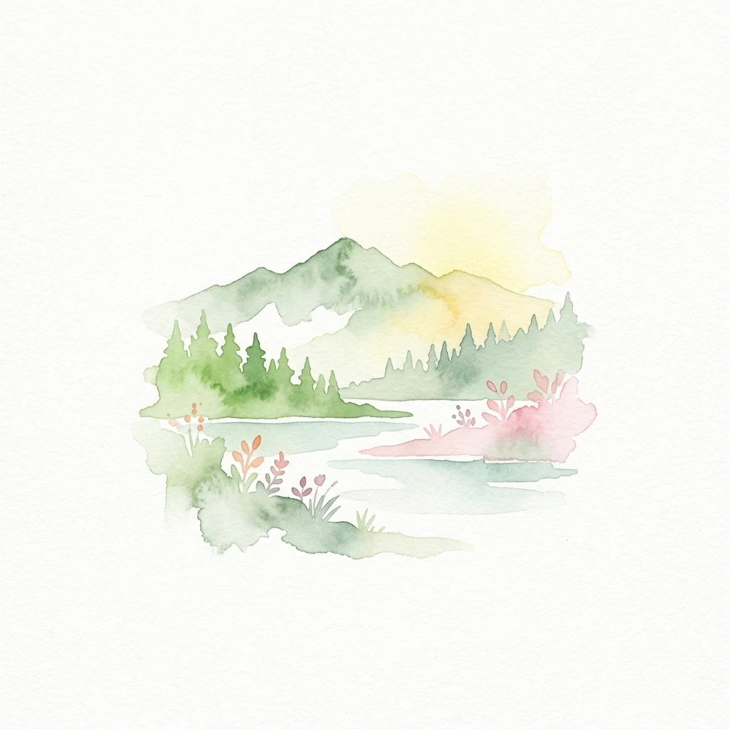 Pintura de acuarela que muestra montañas, un lago y árboles con colores verde suave, azul y rosa