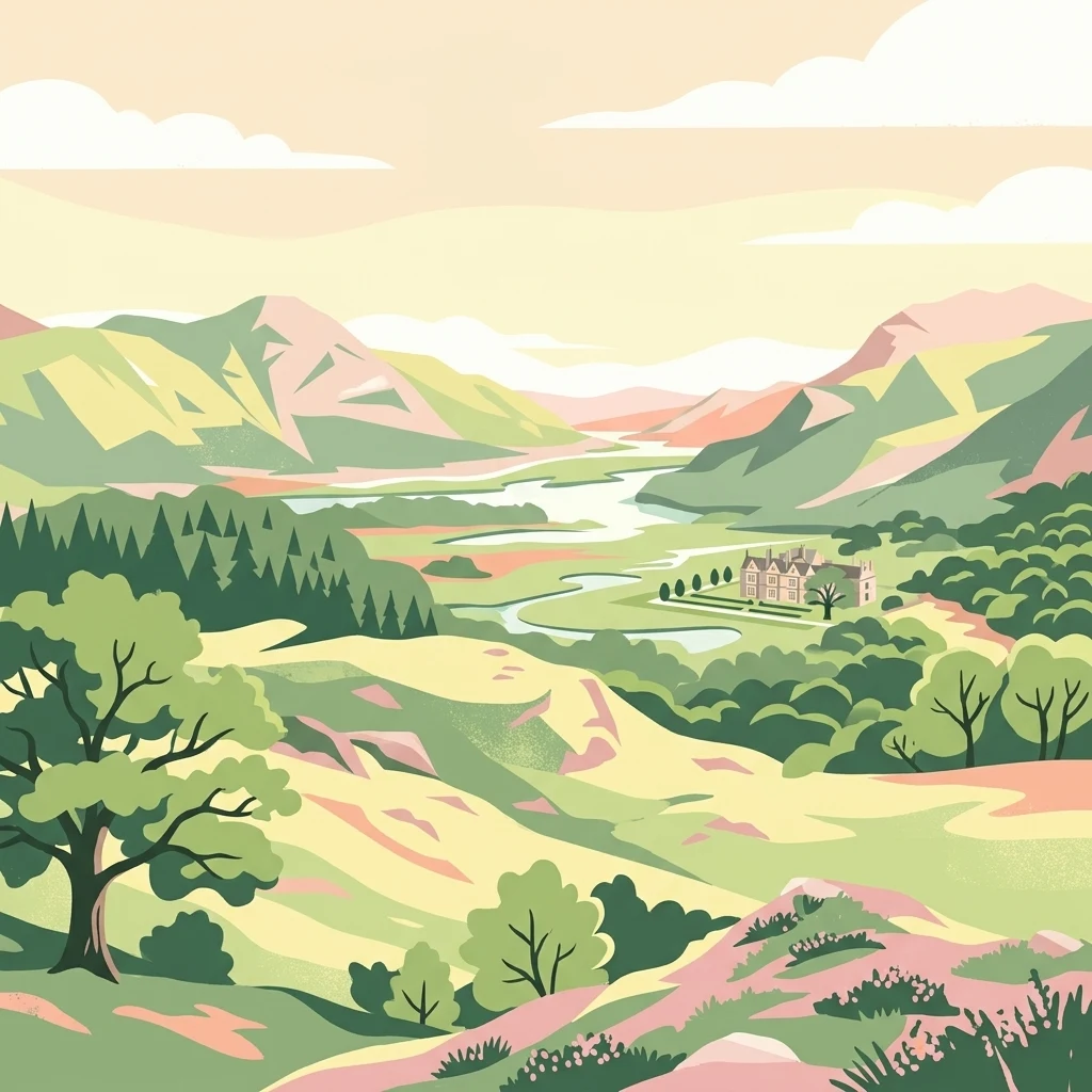Paisaje ilustrado que muestra colinas verdes, montañas, un río y zonas boscosas con un edificio en el valle