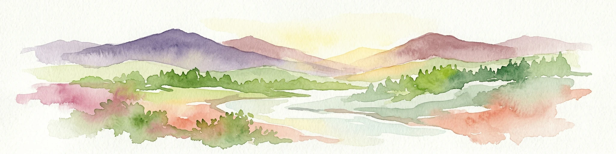 Ilustración en acuarela de un paisaje montañoso con bosques verdes, un río y colinas onduladas bajo un cielo suave