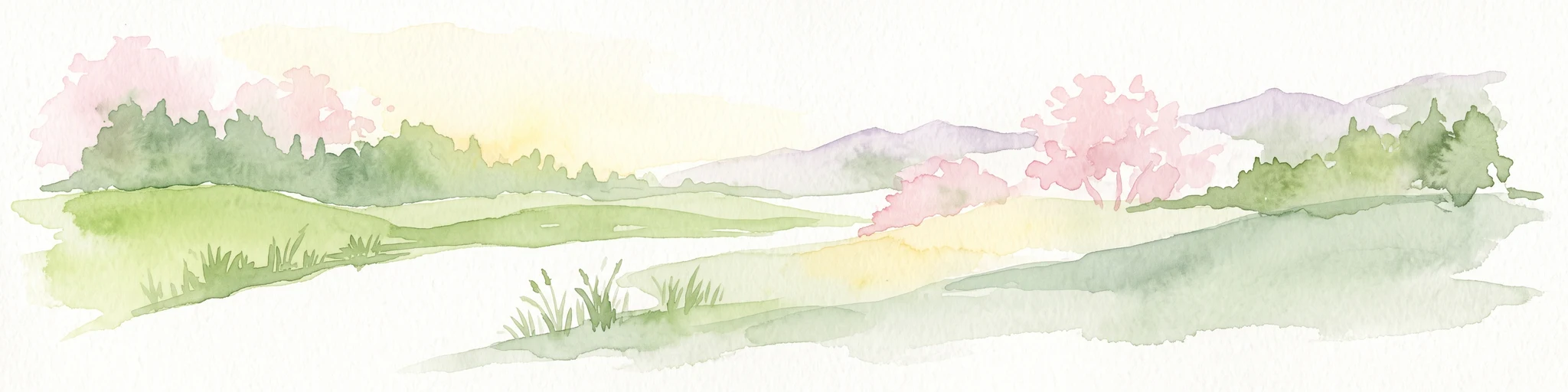 Una amplia ilustración en acuarela que muestra un paisaje verde con un sendero o arroyo blanco serpenteante, árboles con flores rosadas y montañas moradas en la distancia bajo un cielo pálido.
