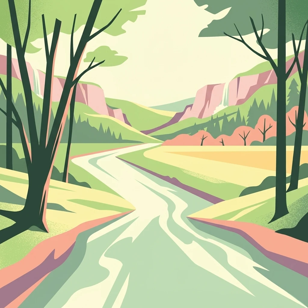 Una ilustración digital de estilo plano que muestra un río serpenteante fluyendo por un valle entre colinas suaves, enmarcado por árboles silueteados en primer plano.