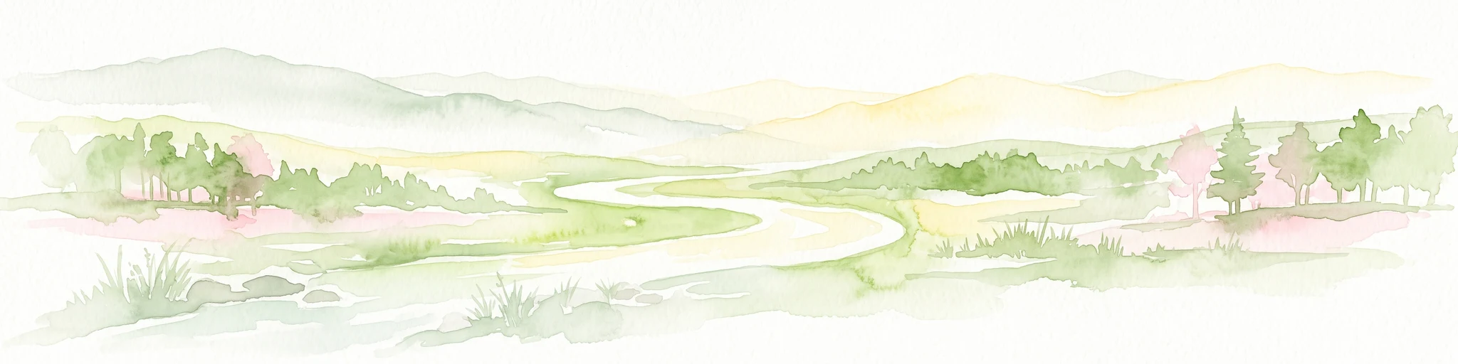 Una ilustración suave en acuarela de tonos claros que muestra un arroyo serpenteante fluyendo por un paisaje frondoso y verde, con colinas onduladas a lo lejos y árboles dispersos.