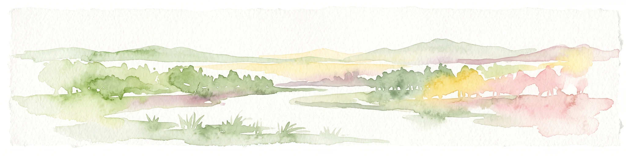 A pale, minimalist watercolor painting depicting a gentle, rolling landscape with green and light red washes, suggesting hills and distant foliage against a soft, bright background.