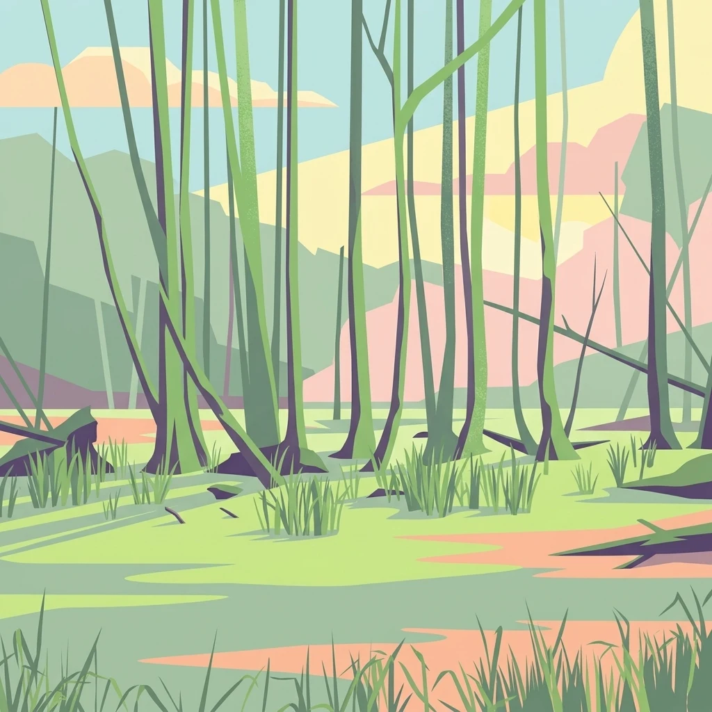 A minimalist, flat-style illustration of a swampy wetland featuring thin, vertical tree trunks rising from a grassy, marshy floor under a soft sky.