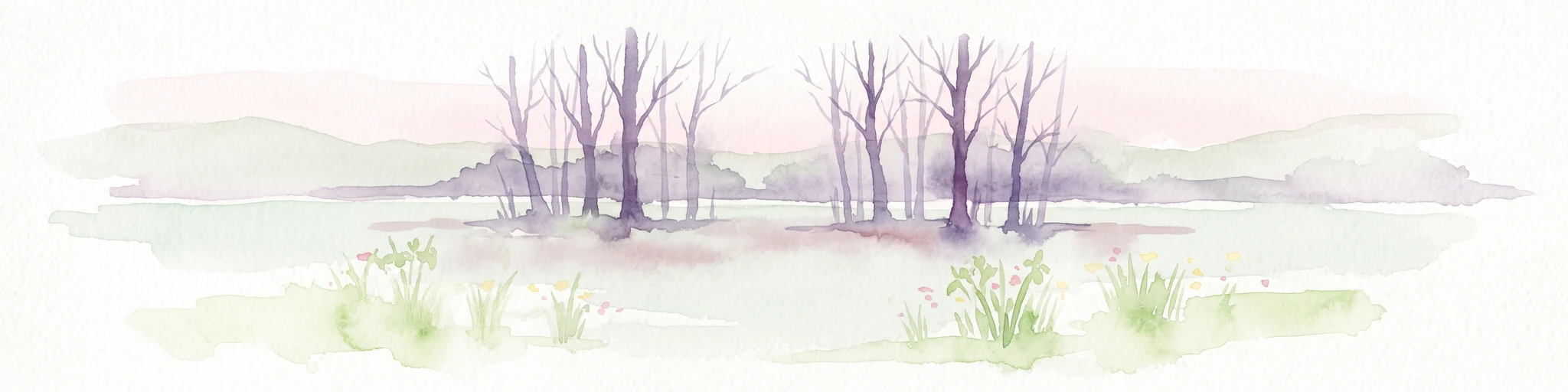 Watercolor painting of bare trees in a misty, marshy landscape with soft pastel colors.