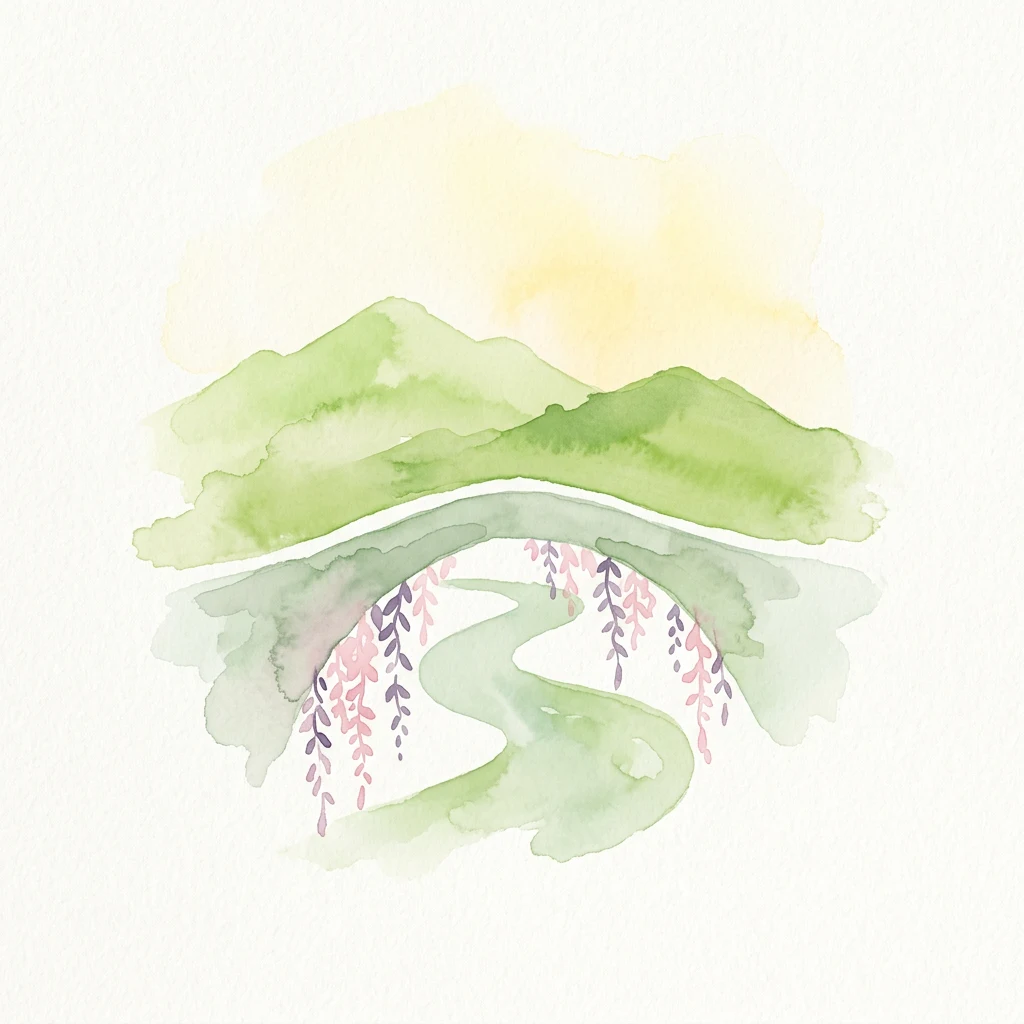 Watercolor painting of a river winding through green mountains with pink and purple flowers along the banks