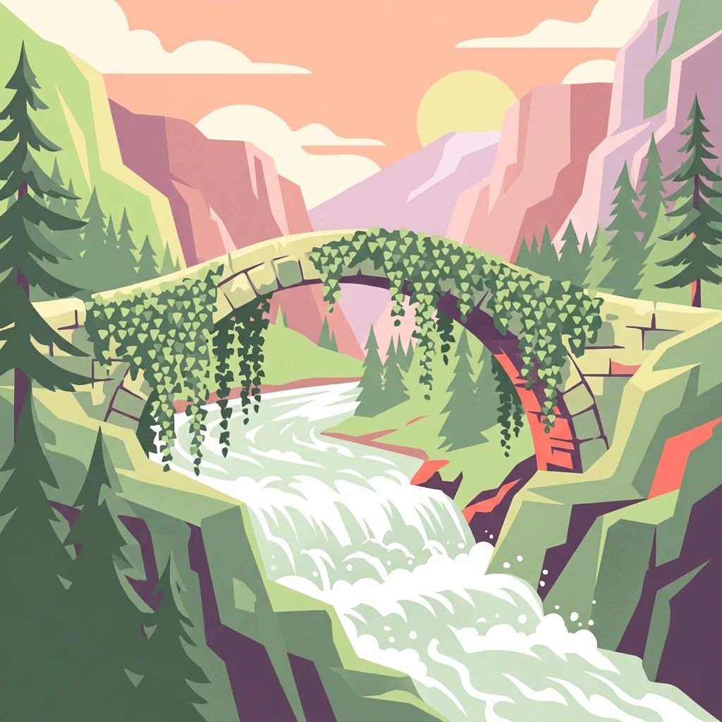 Ilustración de un puente de piedra cubierto de enredaderas sobre un río con montañas y bosques al fondo