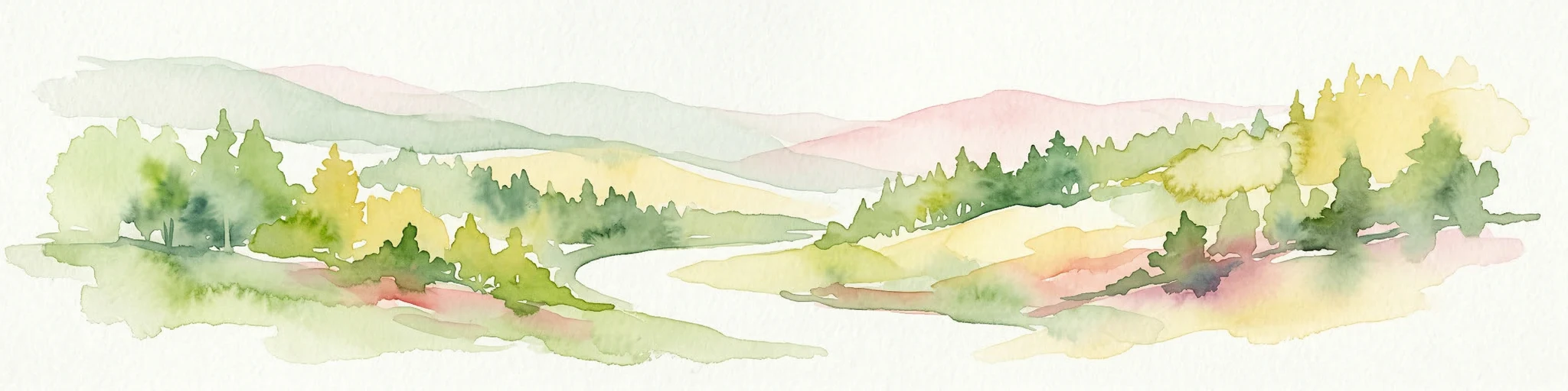 Ilustración en acuarela de un paisaje con colinas ondulantes, bosques y un río serpenteante.