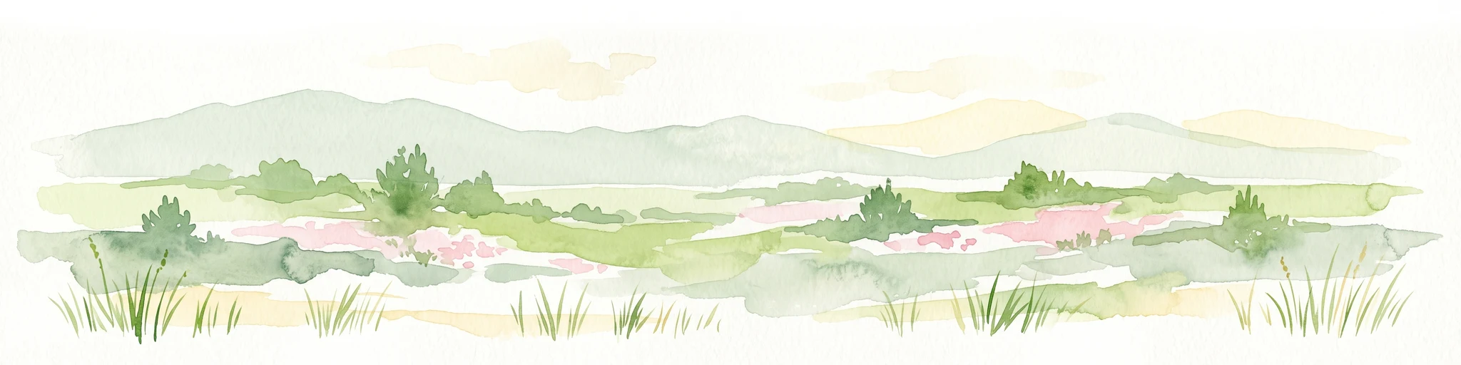 A horizontal watercolor illustration of a wide, open prairie landscape featuring soft green hills, sparse shrubs, and grasses against a pale background.